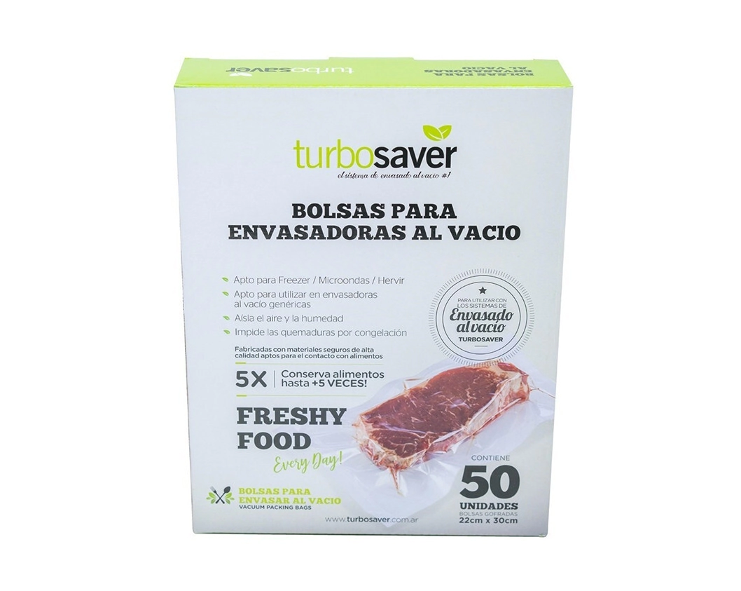 BOLSA PARA ENVASAR AL VACIO 22 X 30 GOFRADO POR 50 UNIDADES TURBOSAVER