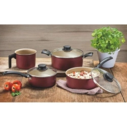 BATERIA DE COCINA TURIM 4 PIEZAS CON JARRO HERVIDOR ROJA TRAMONTINA