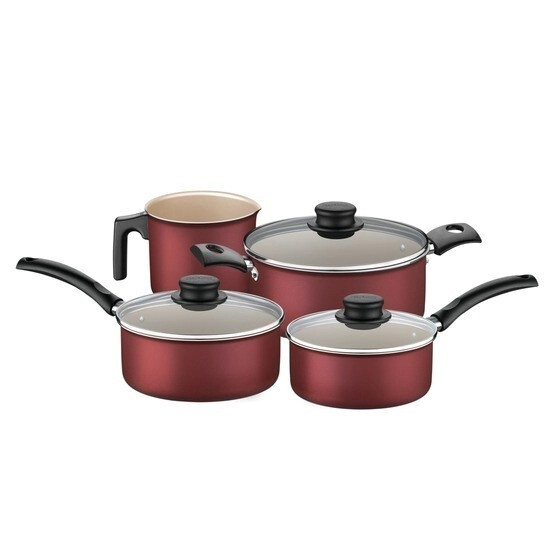 BATERIA DE COCINA TURIM 4 PIEZAS CON JARRO HERVIDOR ROJA TRAMONTINA