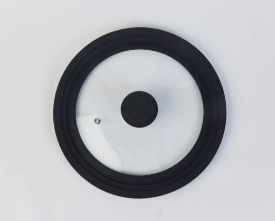 TAPA TRIPLE DE 22/24/26 CM DE VIDRIO CON ARO Y MANIJA DE SILICONA NEGRO