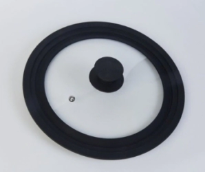 TAPA TRIPLE DE 22/24/26 CM DE VIDRIO CON ARO Y MANIJA DE SILICONA NEGRO