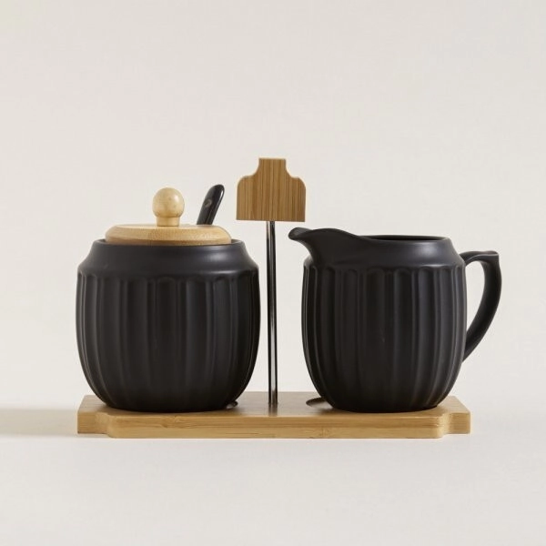 SET DE AZUCARERA Y LECHERA NEGRA CON BASE BAMBOO PORCELANA