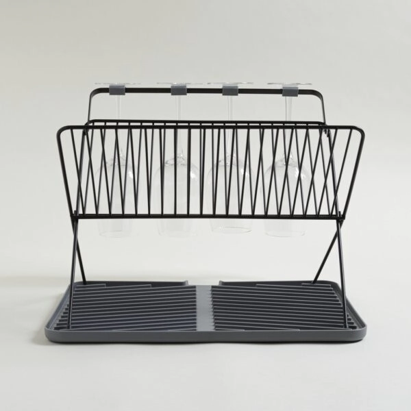 ESCURRIDOR DE PLATOS CON PORTACOPAS DE ACERO NEGRO CON BANDEJA GRIS