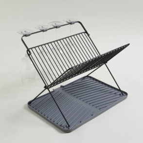 ESCURRIDOR DE PLATOS CON PORTACOPAS DE ACERO NEGRO CON BANDEJA GRIS