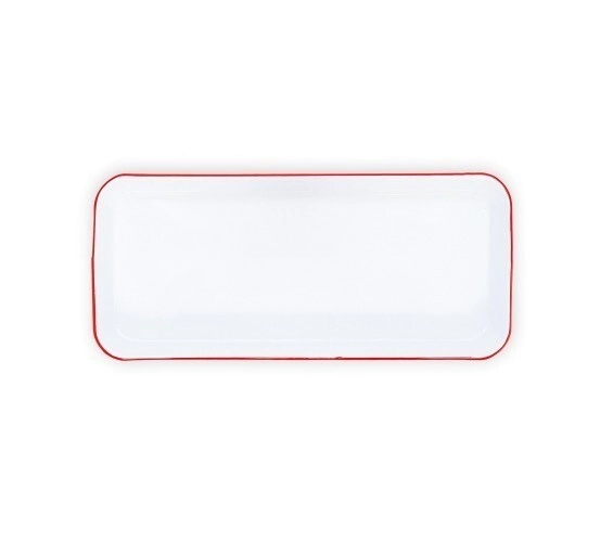 BANDEJA 35 X 12  CM RECTANGULAR BLANCO CON BORDE ROJO ENLOZADO