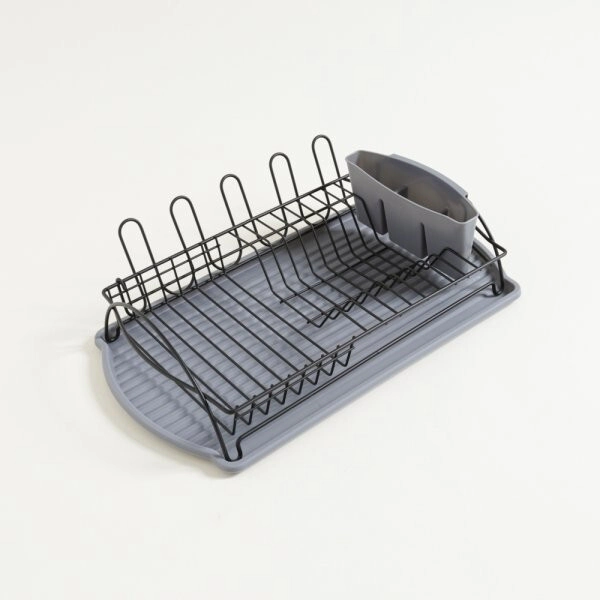 ESCURRIDOR DE PLATOS DE ACERO NEGRO CON BANDEJA GRIS
