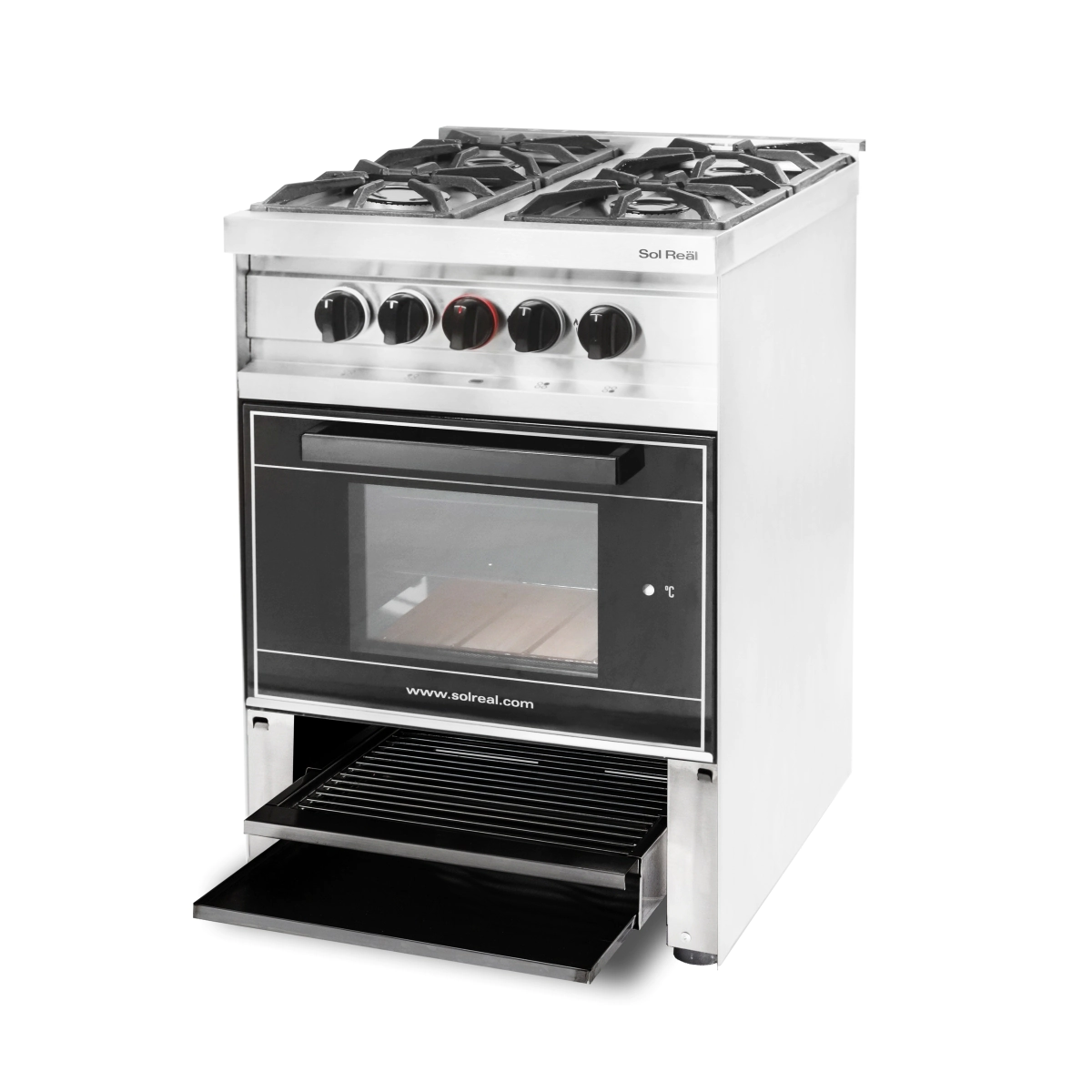 COCINA 4 HORNALLAS MINI CON PARRILLA SIN HUMO PUERTA DE VIDRIO NEGRA REJAS FUNDICION GAS NATURAL SOL