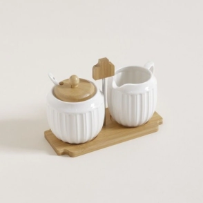 SET DE AZUCARERA Y LECHERA BLANCA CON BASE DE BAMBOO PORCELANA