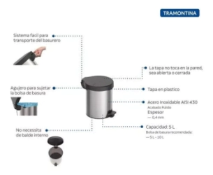 CESTO DE BASURA 5 LTS CON PEDAL Y TAPA DE POLIPROPILENO TRAMONTINA