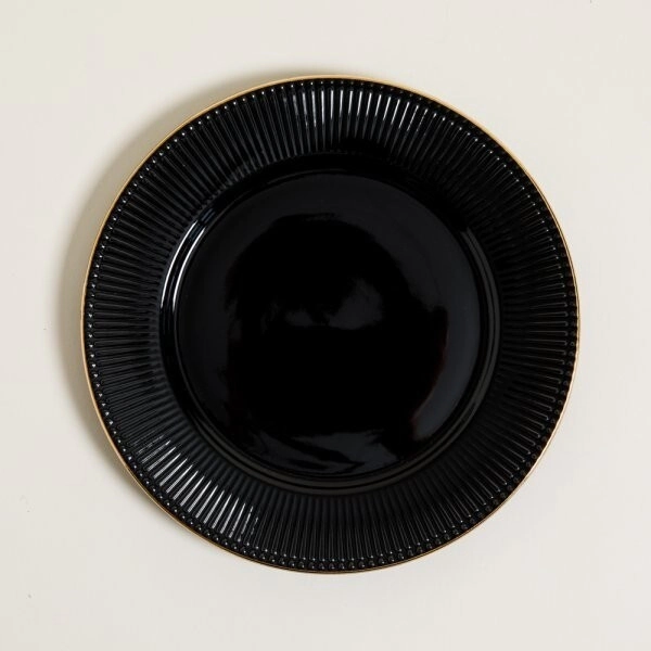 PLATO PLAYO 27 CM ACAPULCO NEGRO CON BORDE DORADO PORCELANA