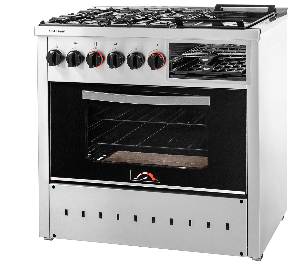 COCINA 4 HORNALLAS CON PLANCHA PUERTA DE VIDRIO NEGRA PRO 900 MULTIFUNCION GAS ENVASADO SOL REAL