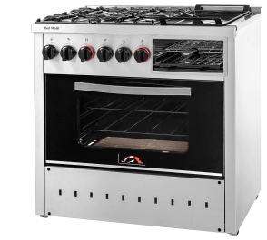 COCINA 4 HORNALLAS CON PLANCHA PUERTA DE VIDRIO NEGRA PRO 900 MULTIFUNCION GAS ENVASADO SOL REAL