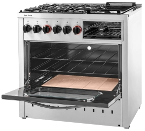 COCINA 4 HORNALLAS CON PLANCHA PUERTA DE VIDRIO NEGRA PRO 900 MULTIFUNCION GAS ENVASADO SOL REAL