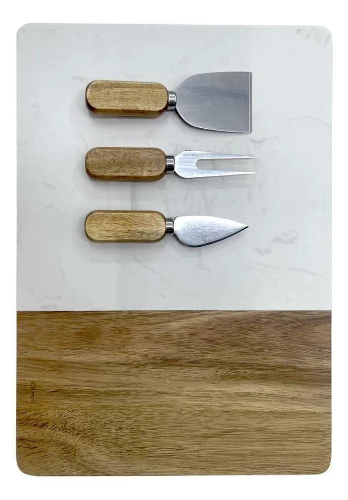 BANDEJA 35,5 CM DE ACACIA Y MARMOL CON 3 UTENSILIOS CAROL