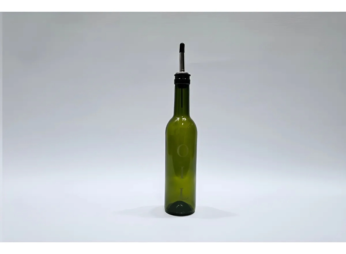 ACEITERA REDONDA DE VIDRIO CON PICO VERDE VINTAGE 390 ML