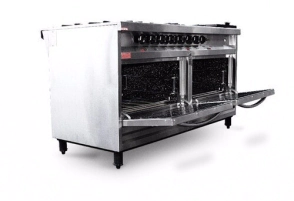 COCINA 6 HORNALLAS 140 CM CON 2 HORNOS Y PLANCHA INDUSTRIAL LINEA ESMERILADA ROVESCO