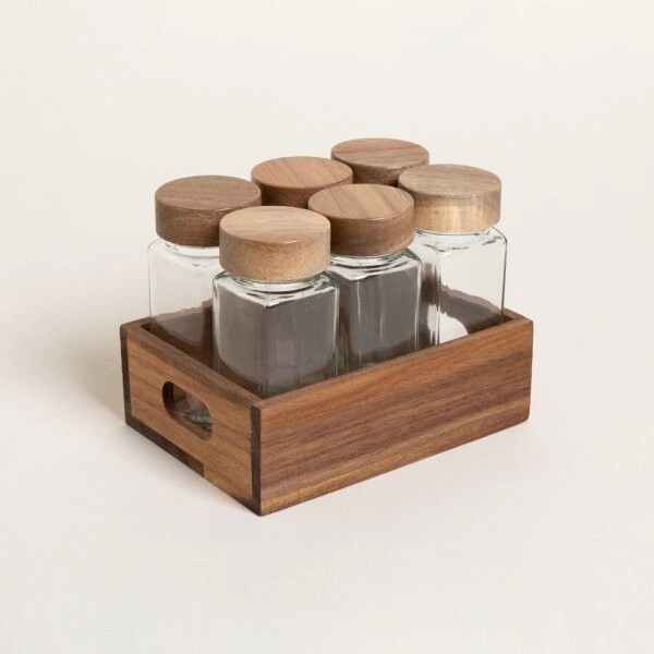 ESPECIERO POR 6 CON RACK Y TAPAS DE MADERA DE ACACIA