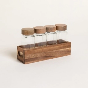 ESPECIERO POR 4 CON RACK Y TAPAS DE MADERA DE ACACIA