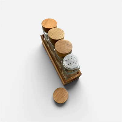 ESPECIERO POR 4 CON RACK Y TAPAS DE MADERA DE ACACIA