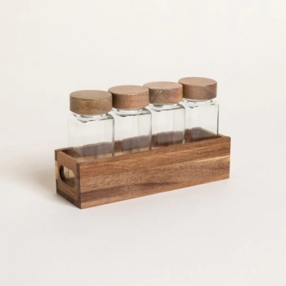 ESPECIERO POR 4 CON RACK Y TAPAS DE MADERA DE ACACIA