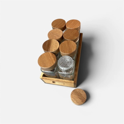 ESPECIERO POR 8 CON RACK Y TAPAS DE MADERA DE ACACIA