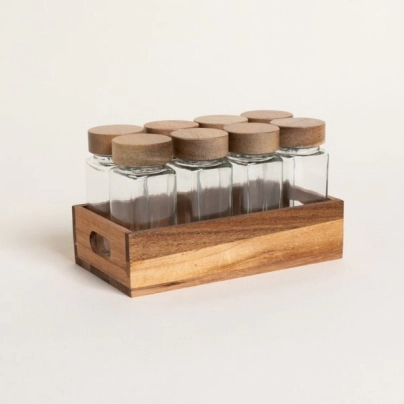 ESPECIERO POR 8 CON RACK Y TAPAS DE MADERA DE ACACIA