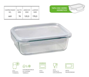 RECIPIENTE RECTANGULAR CHICO 660 ML DE VIDRIO CON TAPA RIGOLLEAU