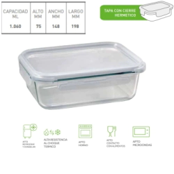 RECIPIENTE RECTANGULAR MEDIANO 1060 ML DE VIDRIO CON TAPA RIGOLLEAU
