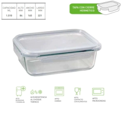 RECIPIENTE RECTANGULAR GRANDE 1510 ML DE VIDRIO CON TAPA RIGOLLEAU