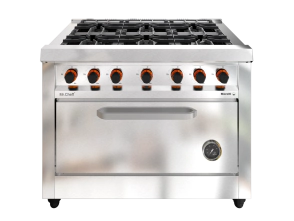 COCINA 6 HORNALLAS 1100 BASIC CHEF PUERTA CIEGA REJA FUNDICION LIVIANA GAS ENVASADO MORELLI