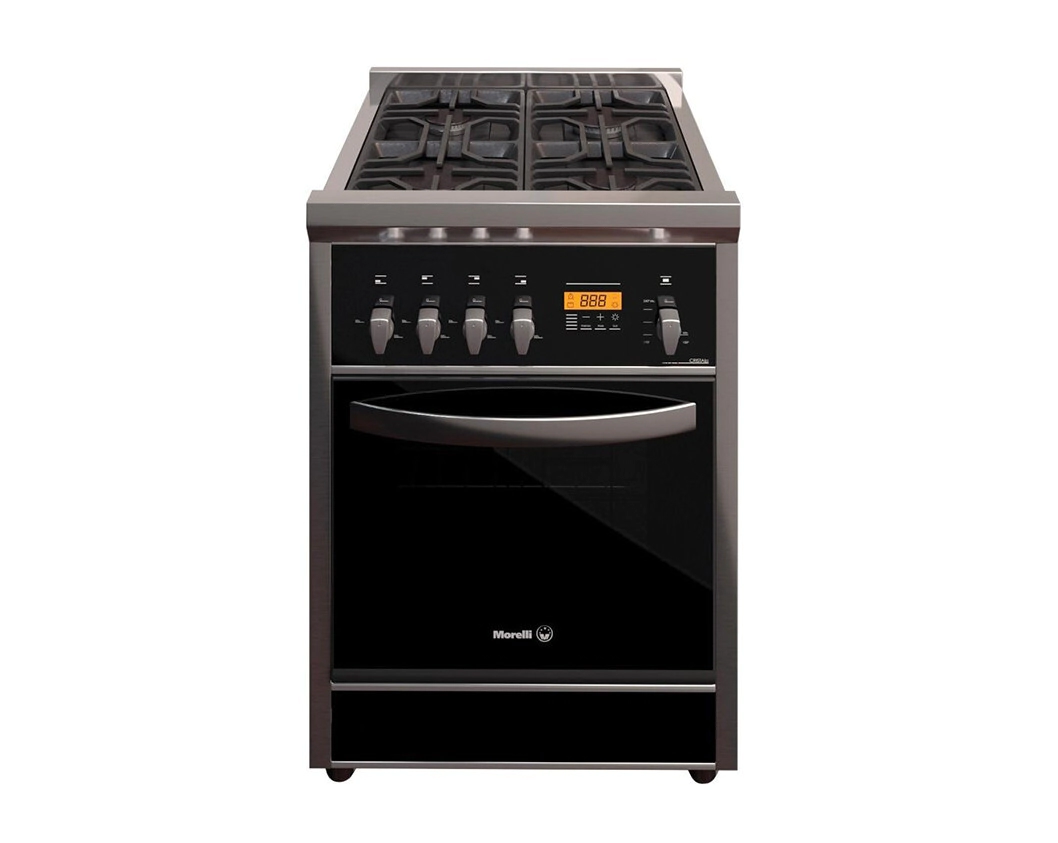 COCINA 4 HORNALLAS 600 CRISTAL PUERTA VISOR REJA FUNDICION VITRIFICA ACERO INOX. MORELLI