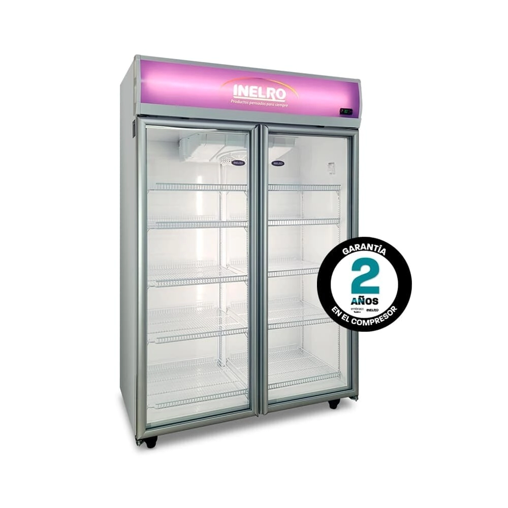 EXHIBIDORA VERTICAL 2 PUERTAS CON 8 ESTANTES MOVILES 980 lts 2035 x 1250 x 650 INELRO